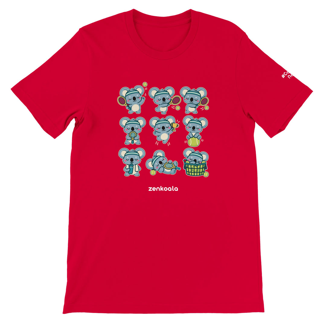 Tennis Koalas feel-good tee in red, Zen Koala Australia