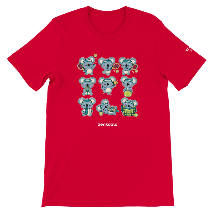 Tennis Koalas feel-good tee in red, Zen Koala Australia