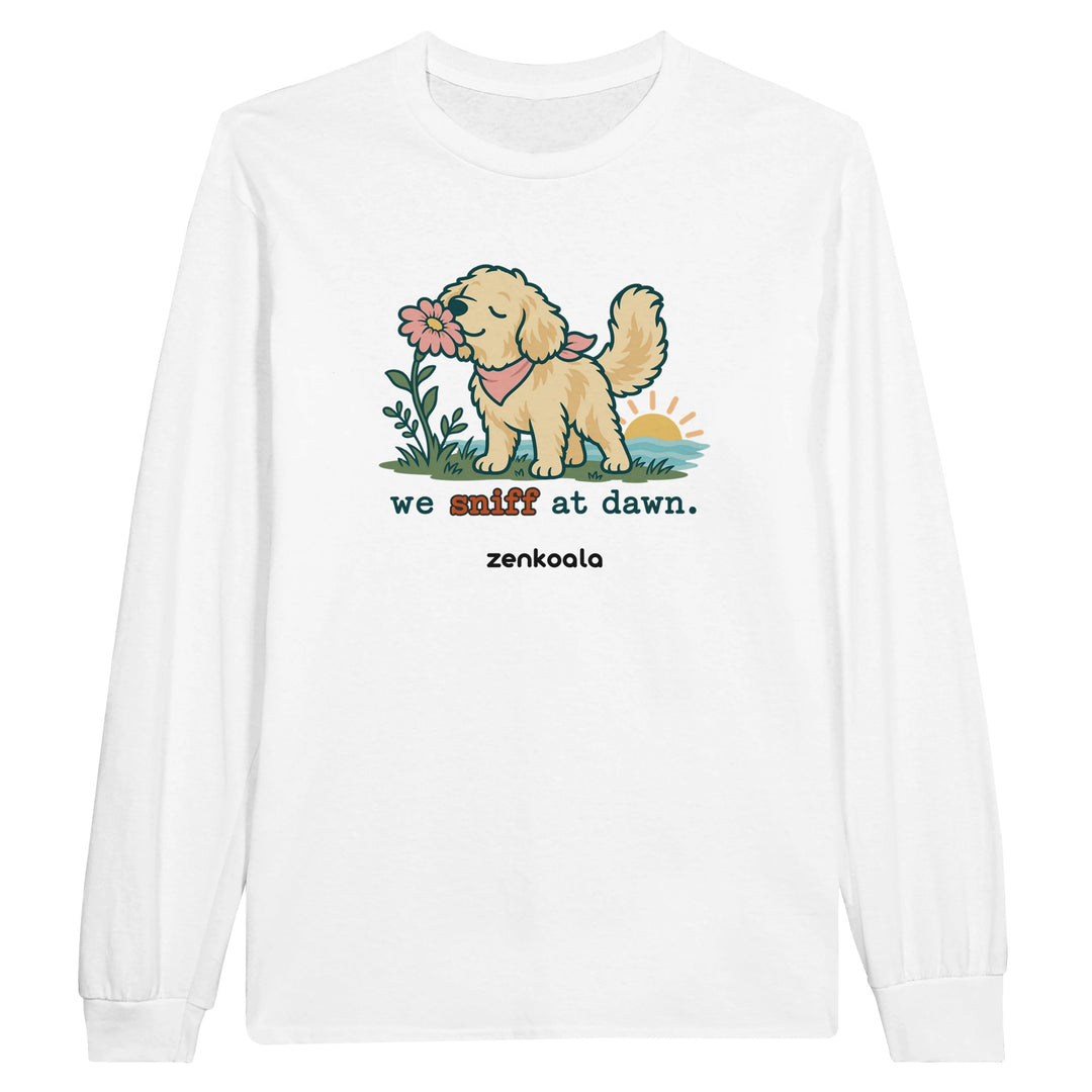 We Sniff at Dawn feel-good long sleeve tee in white, Zen Koala Australia