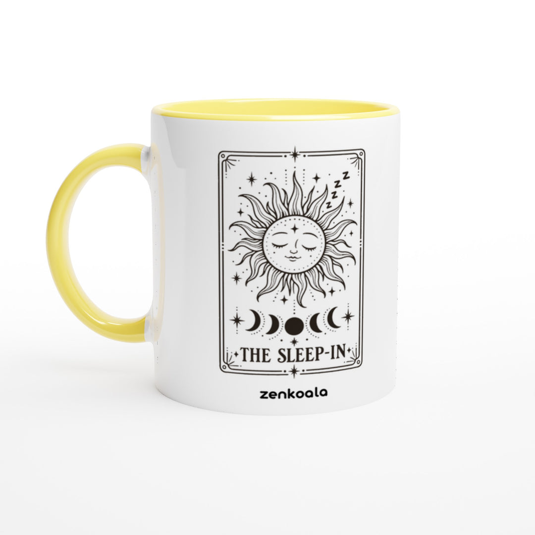 The Sleep-In mug in yellow: white with a yellow rim, inside and handle, Zen Koala Australia