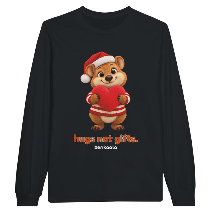 Hugs Not Gifts feel-good long sleeve tee in black, Zen Koala Australia