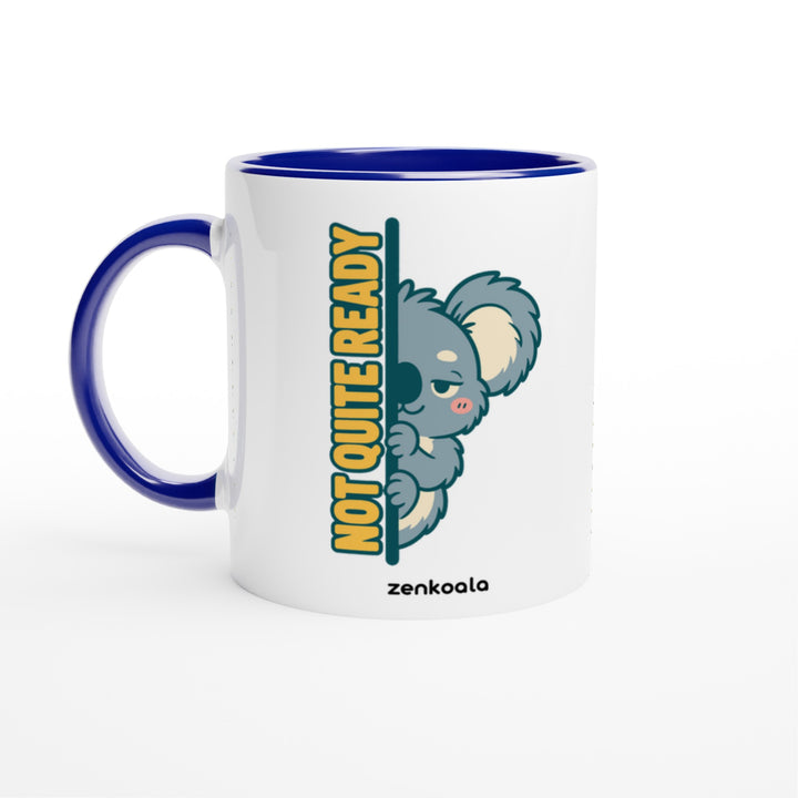 Not Quite Ready mug in blue: white with a blue rim, inside and handle, Zen Koala Australia