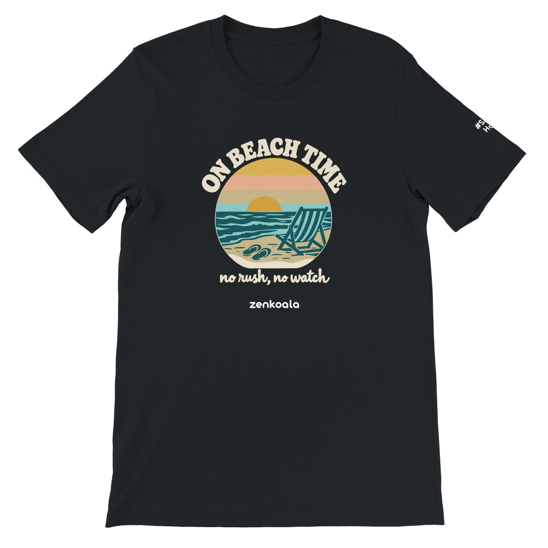 On Beach Time feel-good tee in black, Zen Koala Australia