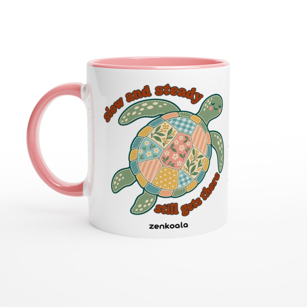 Slow and Steady Turtle mug in pink: white with a pink rim, inside and handle, Zen Koala Australia