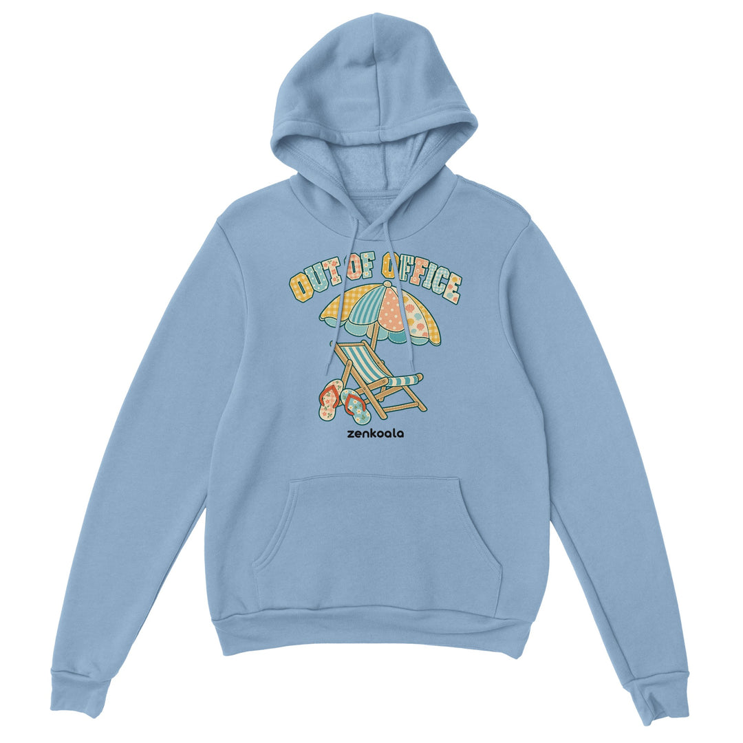 Out of Office Beach feel-good hoodie in light blue, Zen Koala Australia