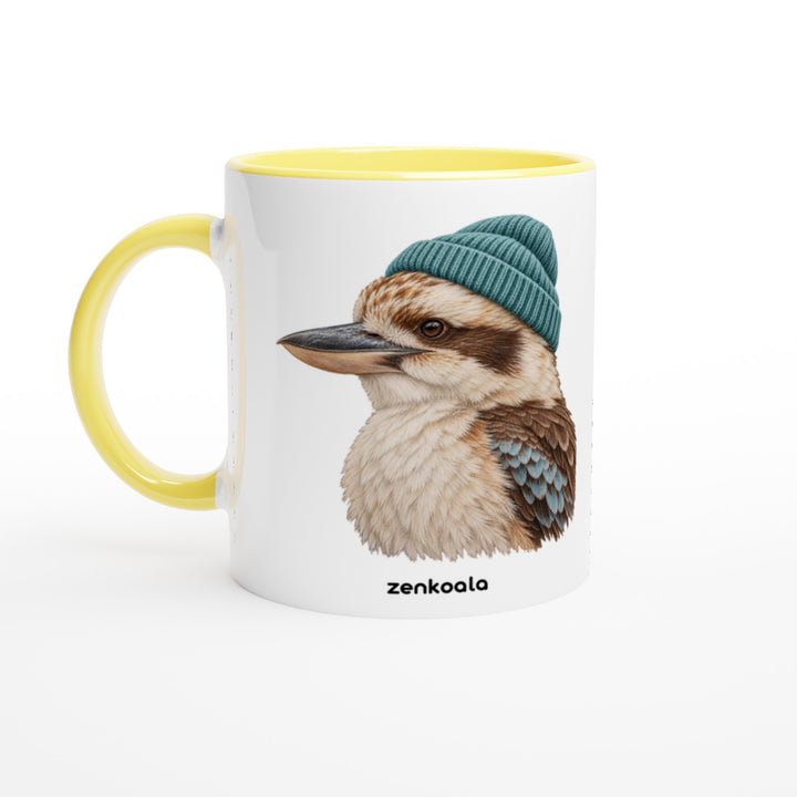 Kookaburra Beanie mug in yellow: white with a yellow rim, inside and handle, Zen Koala Australia