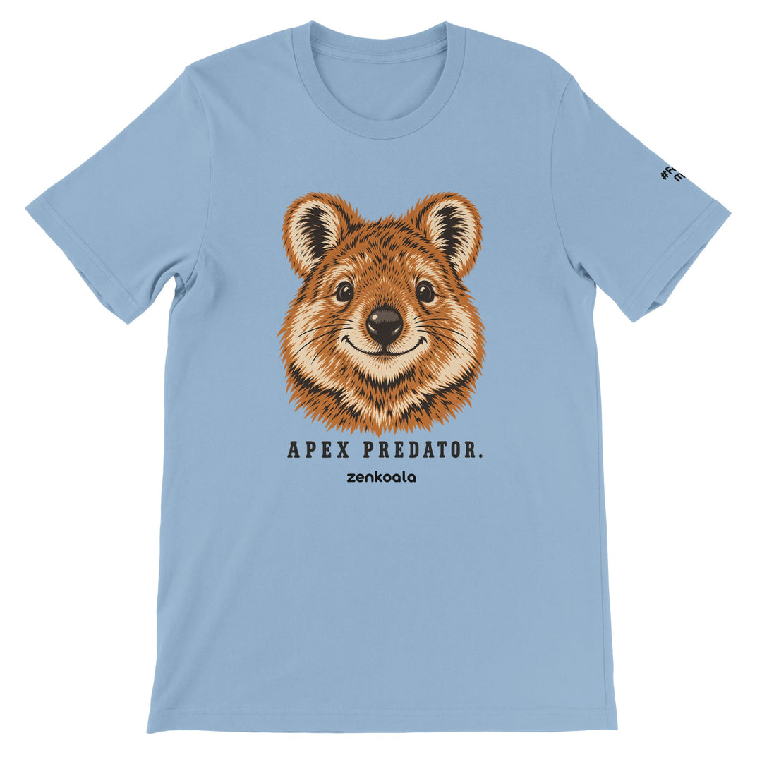Apex Predator feel-good tee in light blue: a smiling quokka, Zen Koala Australia