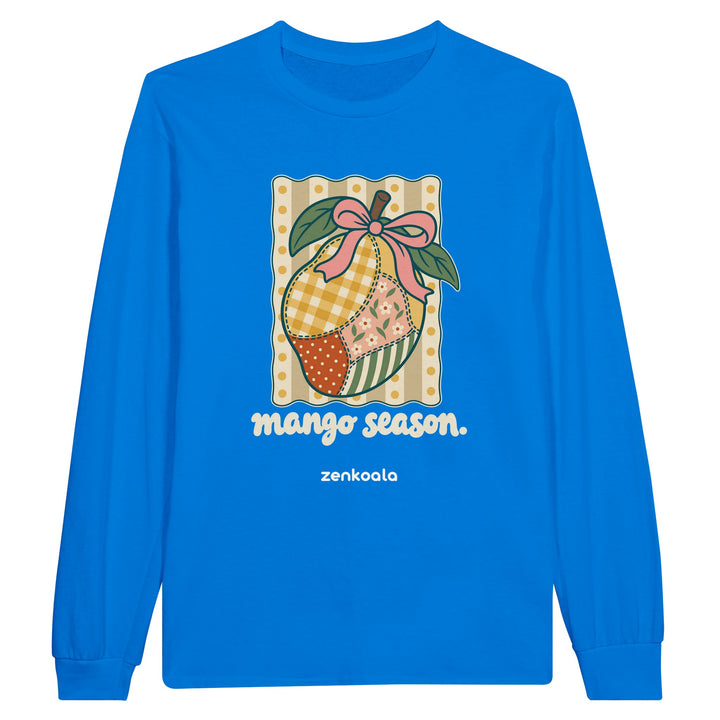 Mango Season feel-good long sleeve tee in royal: a faux patchwork mango, Zen Koala Australia