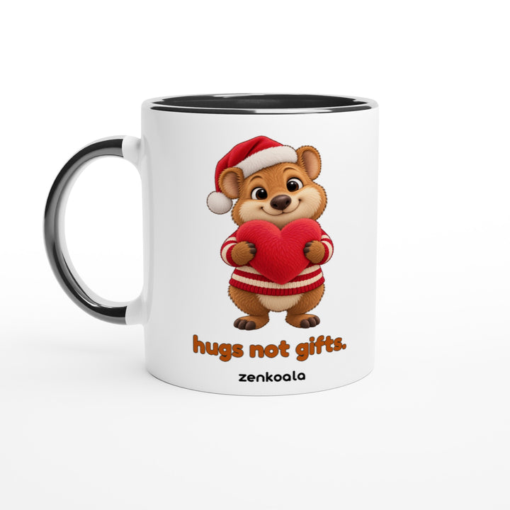 Hugs Not Gifts mug in black: white with a black rim, inside and handle, Zen Koala Australia
