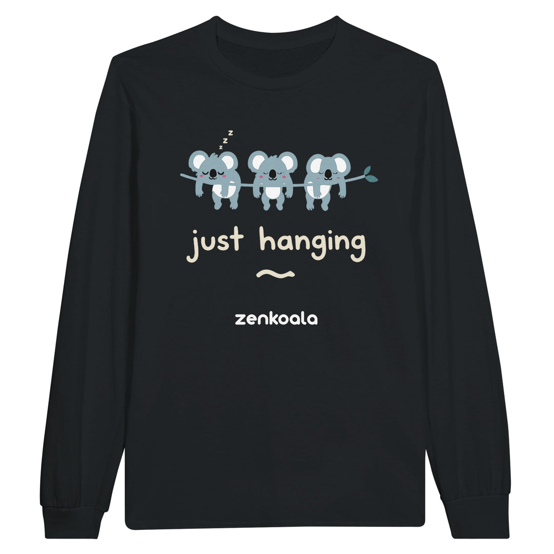 Just Hanging long sleeve tee in black — three sleepy koalas on a gum branch, Zen Koala Australia