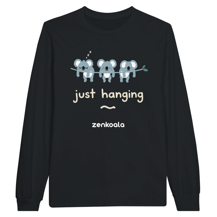 Just Hanging long sleeve tee in black — three sleepy koalas on a gum branch, Zen Koala Australia