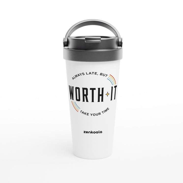 Always Late But Worth It feel-good travel mug: retro stripes and an honest promise, Zen Koala Australia