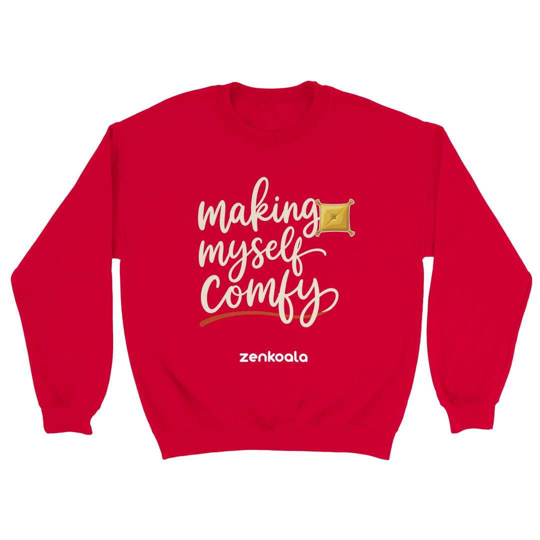 Making Myself Comfy feel-good sweatshirt in red — hand-lettered script with a plump tasselled cushion, Zen Koala Australia