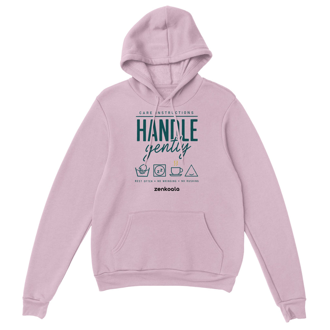 Handle Gently Care Instructions feel-good hoodie in light pink, Zen Koala Australia