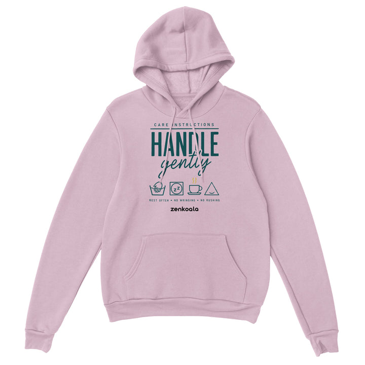 Handle Gently Care Instructions feel-good hoodie in light pink, Zen Koala Australia