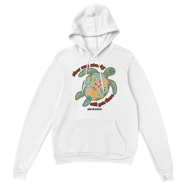 Slow and Steady Turtle feel-good hoodie in white, Zen Koala Australia