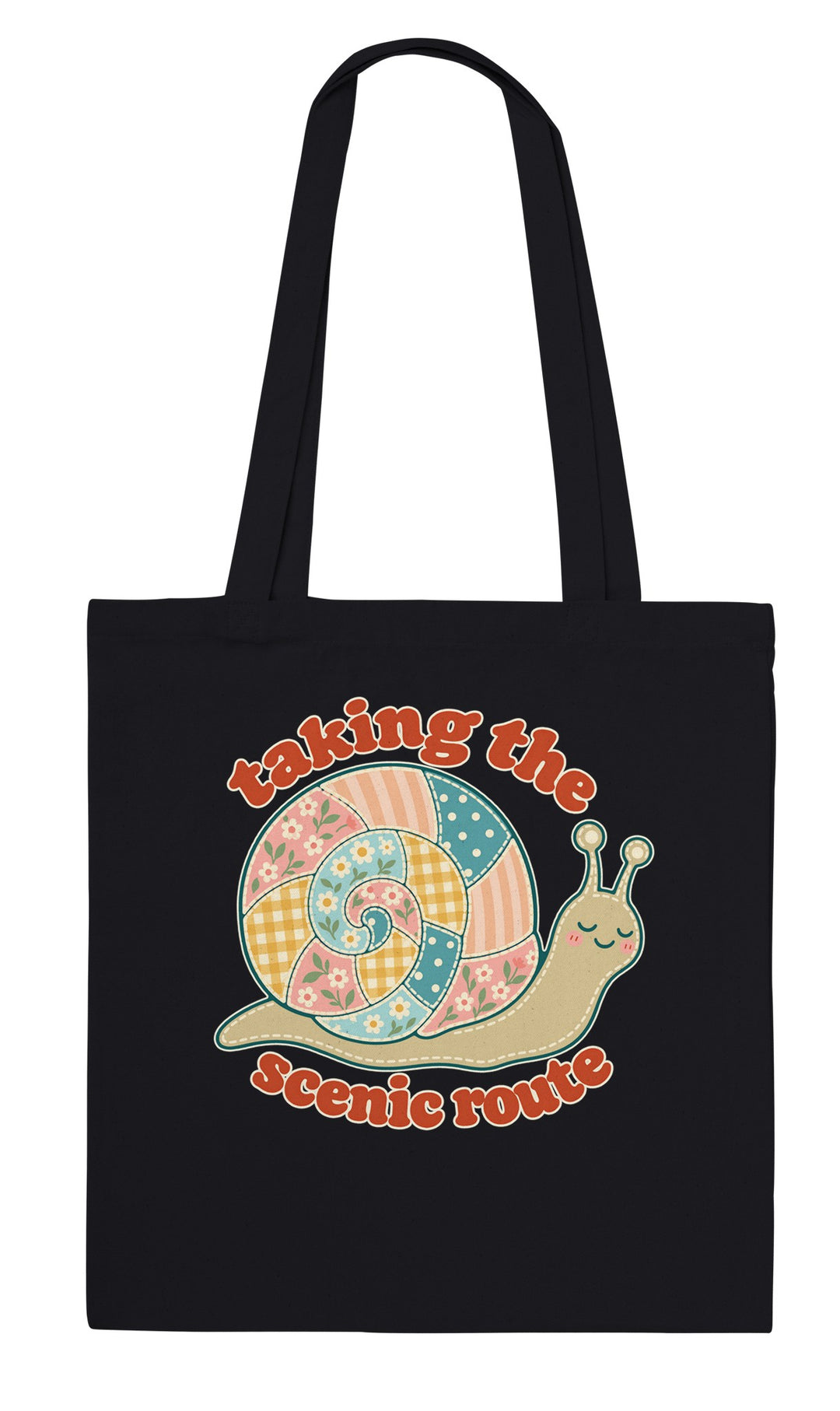 Taking the Scenic Route Snail feel-good tote bag in black, Zen Koala Australia