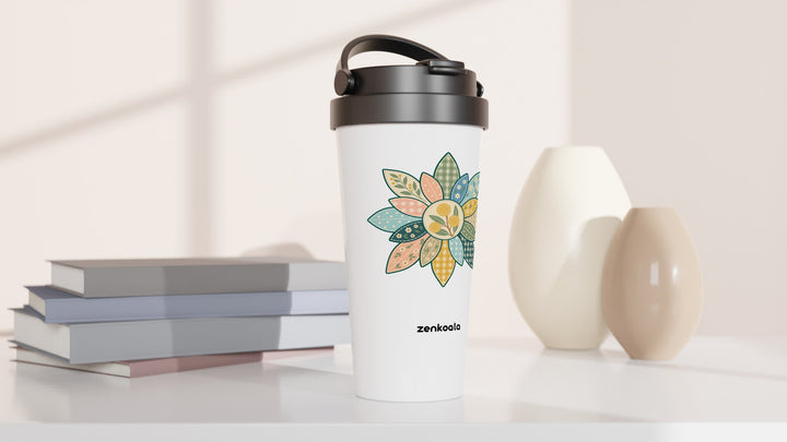 Wattle Mandala travel mug beside books and vases, Zen Koala Australia