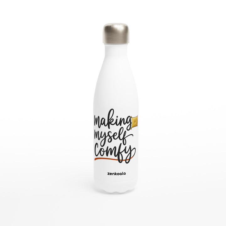 Making Myself Comfy feel-good water bottle: flowing script and a fluffed-up cushion, Zen Koala Australia