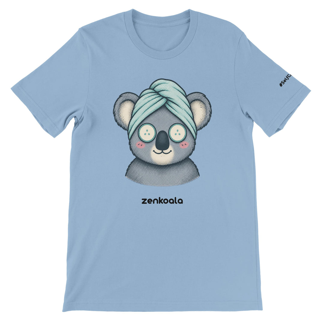 Koala Spa Day feel-good tee in light blue — a koala in a towel turban with cucumber eyes, Zen Koala Australia