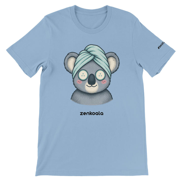 Koala Spa Day feel-good tee in light blue — a koala in a towel turban with cucumber eyes, Zen Koala Australia