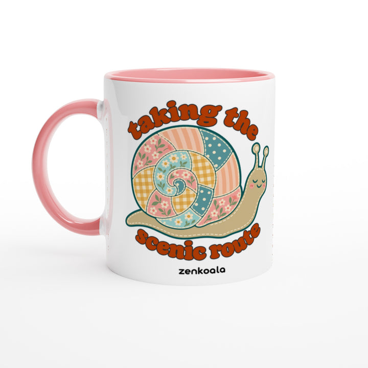 Taking the Scenic Route Snail mug in pink: white with a pink rim, inside and handle, Zen Koala Australia