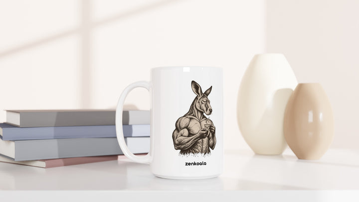 Buff Roo Teacup 15oz mug beside books and vases, Zen Koala Australia