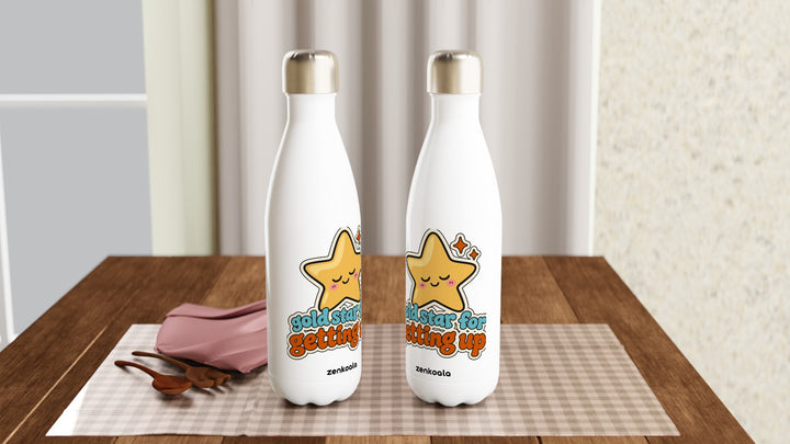 Two Gold Star for Getting Up water bottles on a table, Zen Koala Australia
