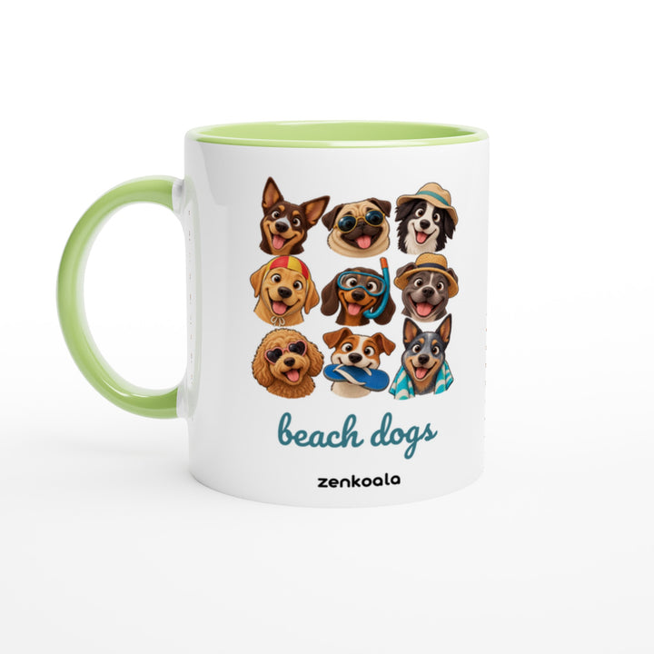 Beach Dogs mug in green: white with a green rim, inside and handle, Zen Koala Australia