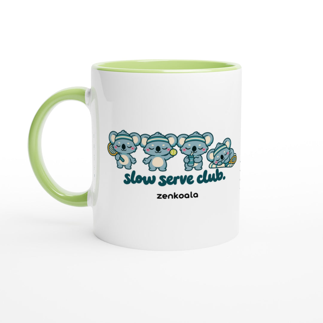 Slow Serve Club mug in green: white with a green rim, inside and handle, Zen Koala Australia