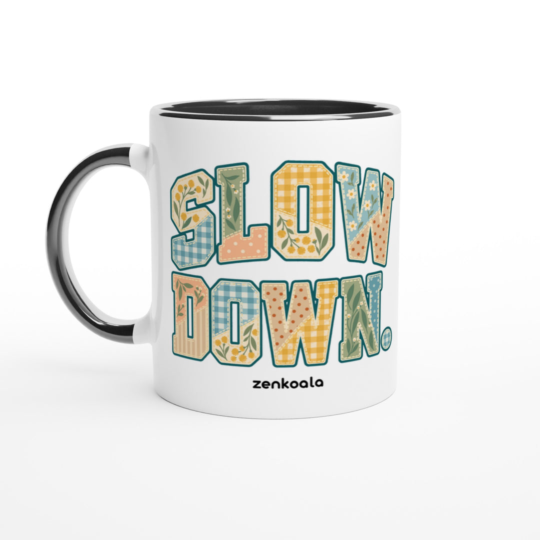 Slow Down Faux Patchwork mug in black: white with a black rim, inside and handle, Zen Koala Australia