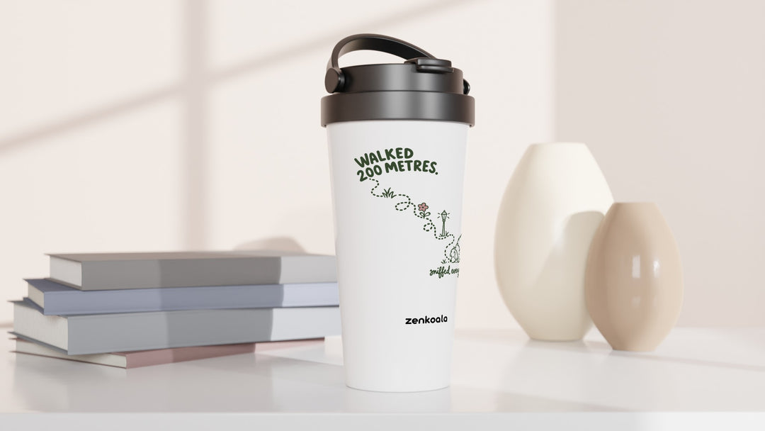 Sniffed Everything travel mug beside books and vases, Zen Koala Australia