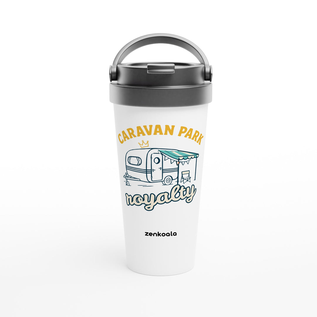 Caravan Park Royalty feel-good travel mug: a retro caravan with bunting and a camp chair, Zen Koala Australia