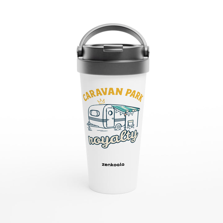 Caravan Park Royalty feel-good travel mug: a retro caravan with bunting and a camp chair, Zen Koala Australia