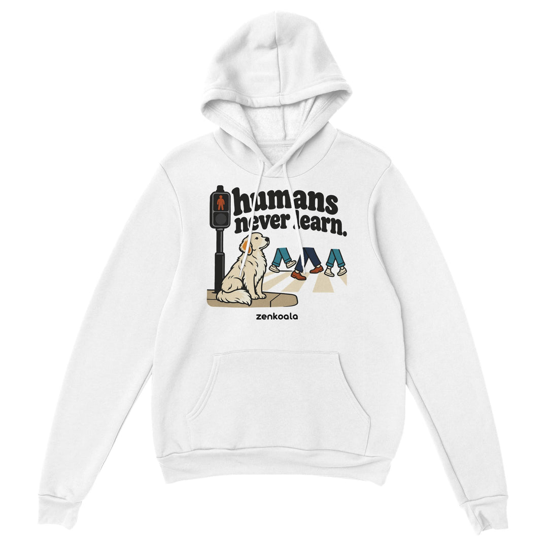 Humans Never Learn feel-good hoodie in white, Zen Koala Australia