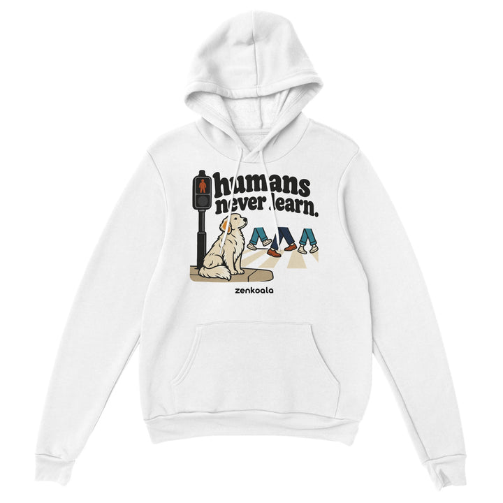 Humans Never Learn feel-good hoodie in white, Zen Koala Australia