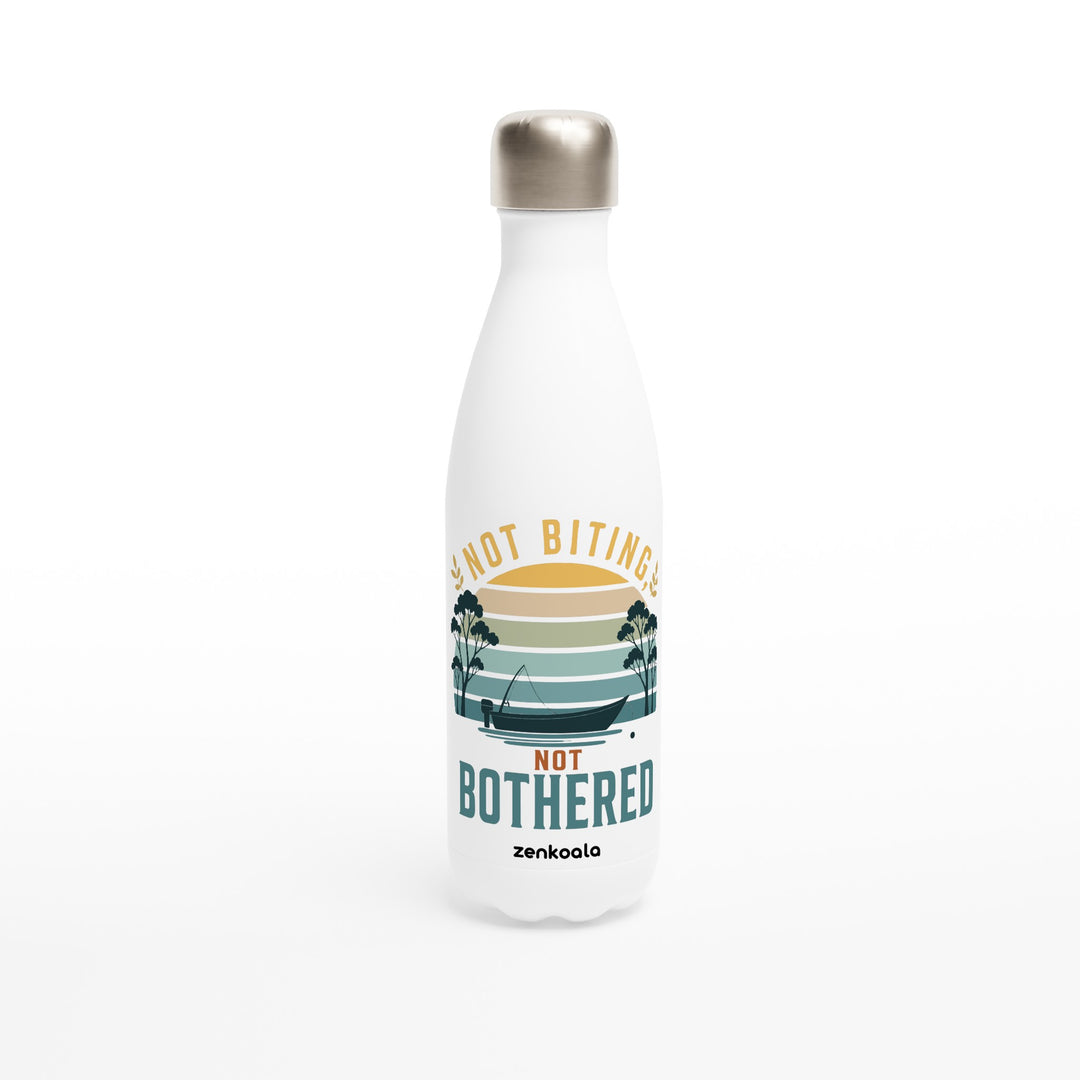 Not Biting Not Bothered feel-good water bottle: a tinnie on still water under a retro sunset, Zen Koala Australia