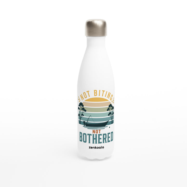 Not Biting Not Bothered feel-good water bottle: a tinnie on still water under a retro sunset, Zen Koala Australia