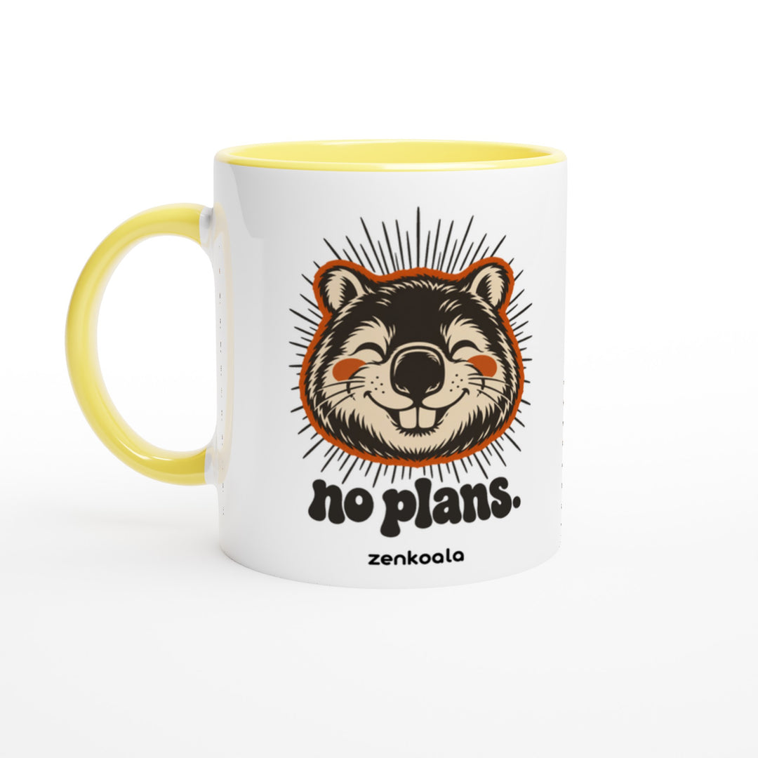 No Plans mug in yellow: white with a yellow rim, inside and handle, Zen Koala Australia