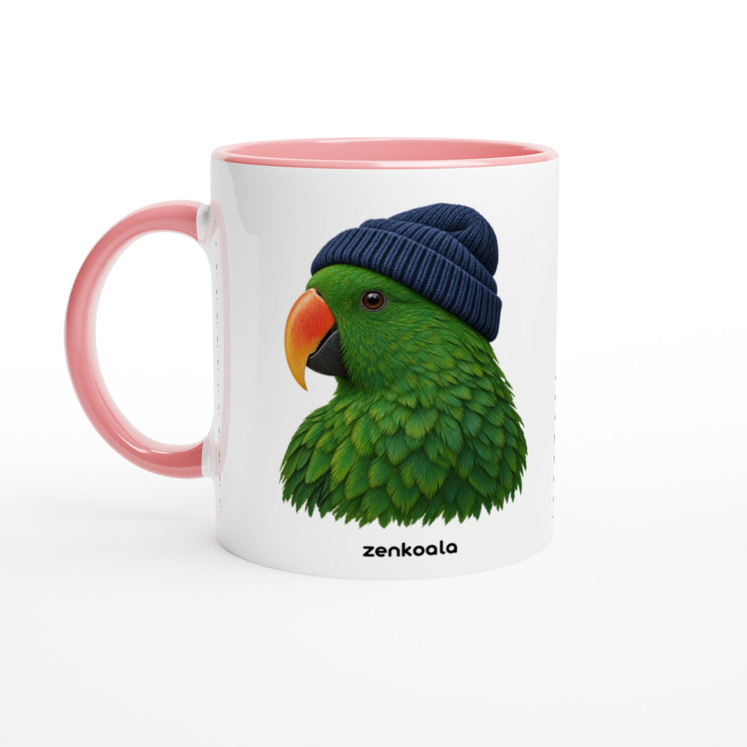 Parrot Beanie mug in pink: white with a pink rim, inside and handle, Zen Koala Australia