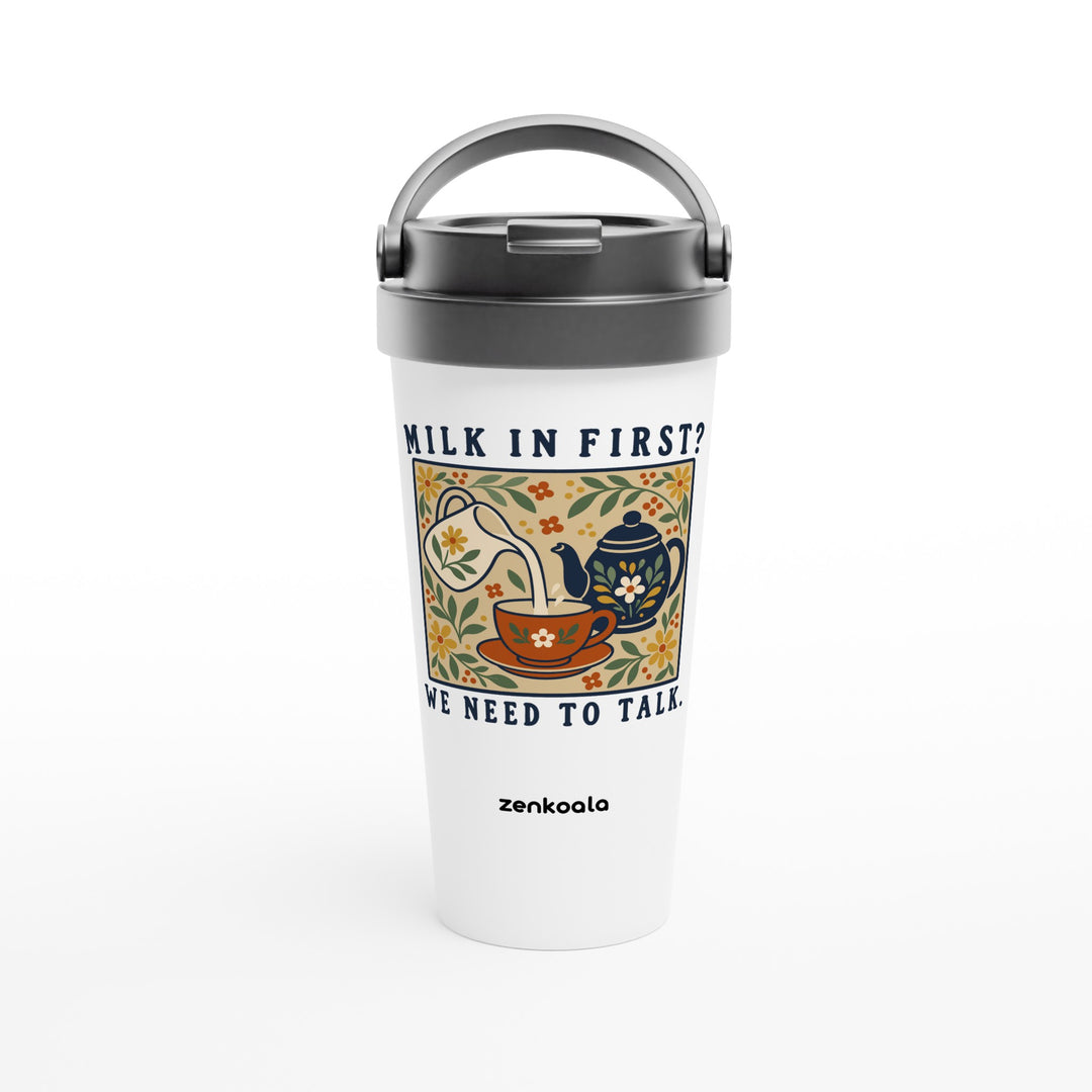 Milk in First feel-good travel mug: a folk-art milk jug, teapot and teacup, Zen Koala Australia