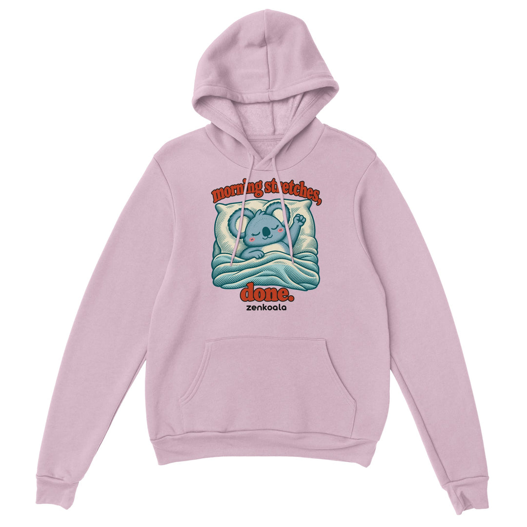 Morning Stretches Done feel-good hoodie in light pink, Zen Koala Australia