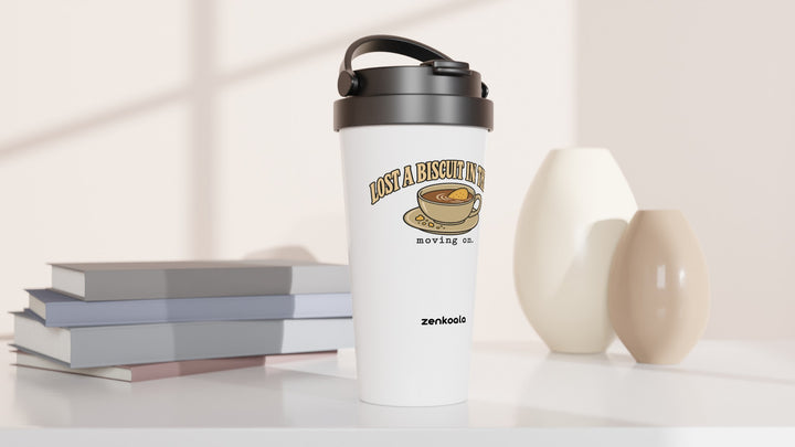 Lost a Biscuit in There travel mug beside books and vases, Zen Koala Australia