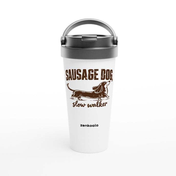 Sausage Dog Slow Walker feel-good travel mug: a sausage dog taking its time, Zen Koala Australia
