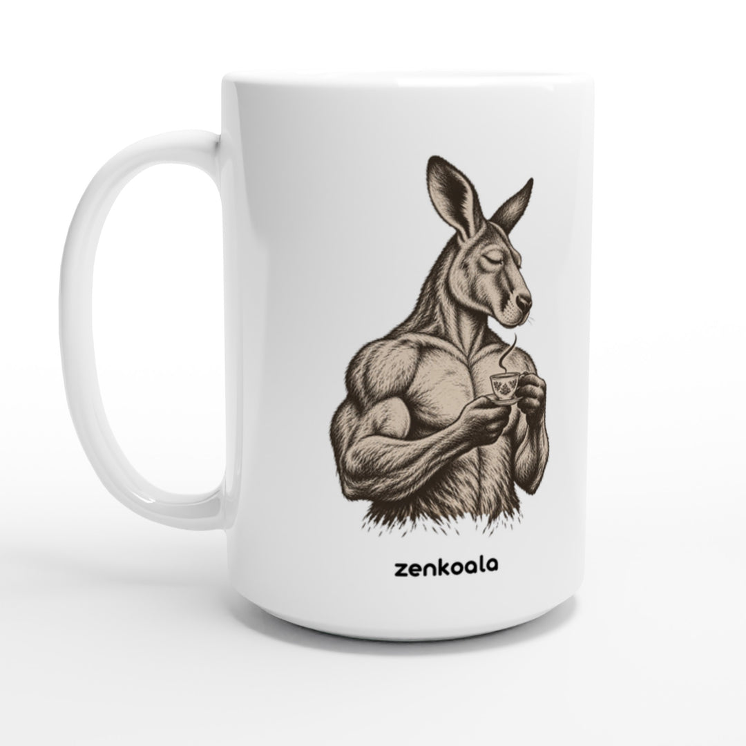 Buff Roo Teacup feel-good 15oz mug: a muscly kangaroo sipping tea, Zen Koala Australia