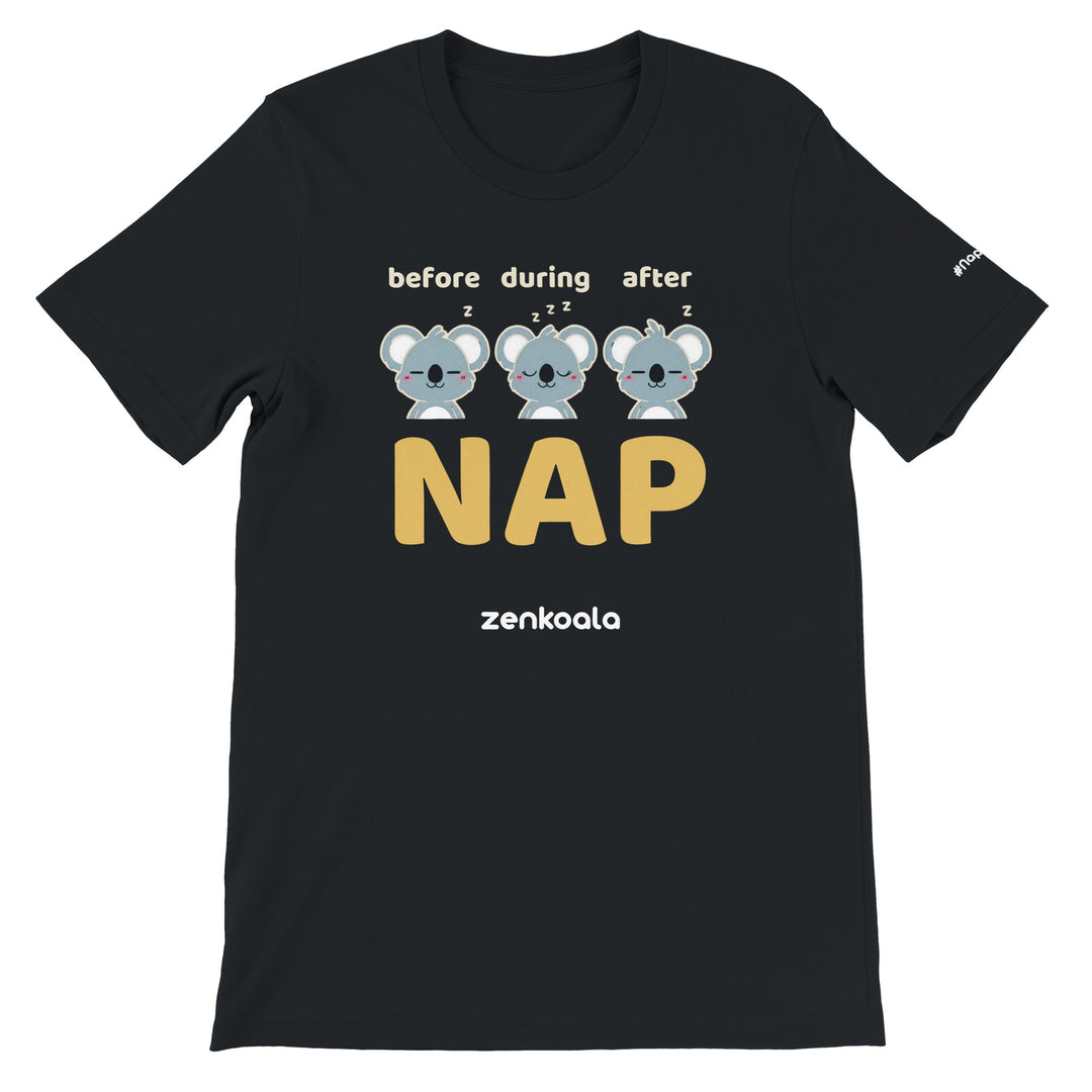 Before Nap Nap After Nap Koala feel-good tee in black — Zen Koala Australia