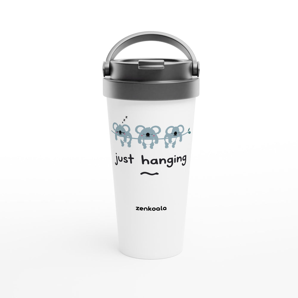 Just Hanging feel-good travel mug: three sleepy koalas hanging off a branch, Zen Koala Australia