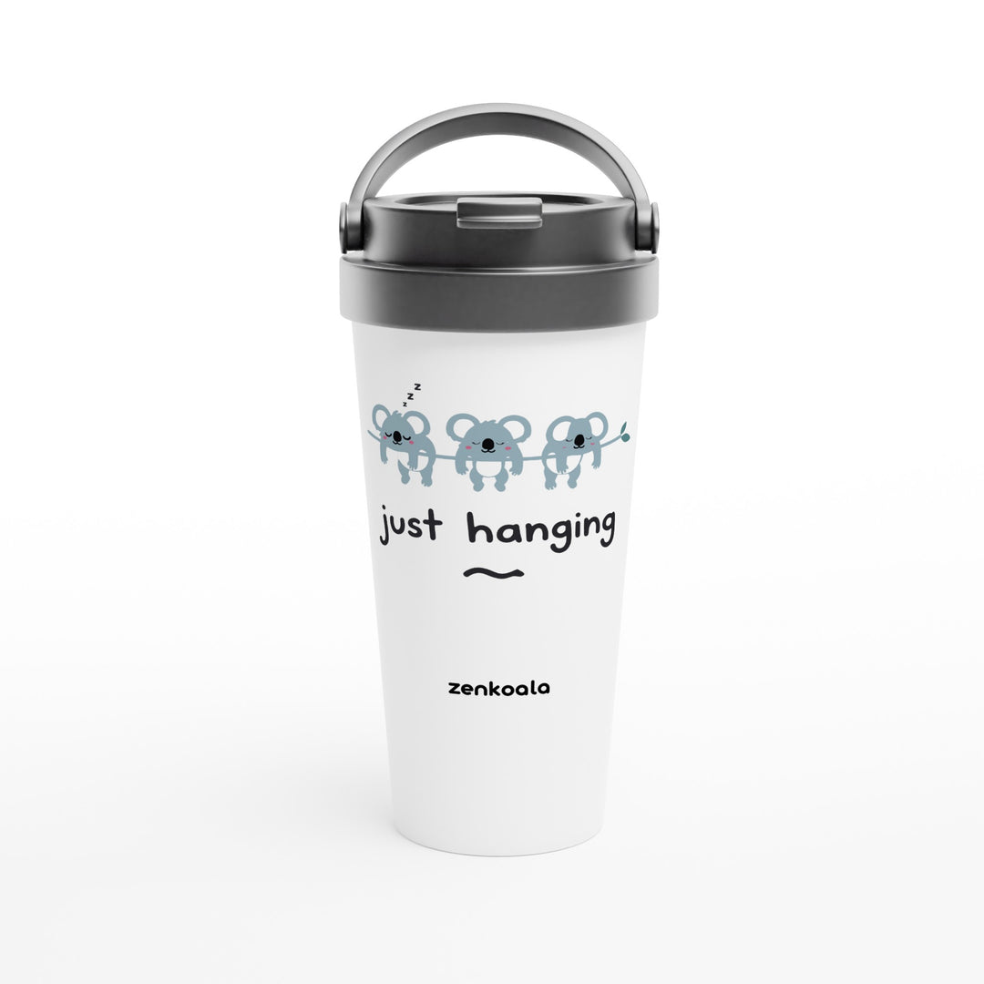 Just Hanging feel-good travel mug: three sleepy koalas hanging off a branch, Zen Koala Australia