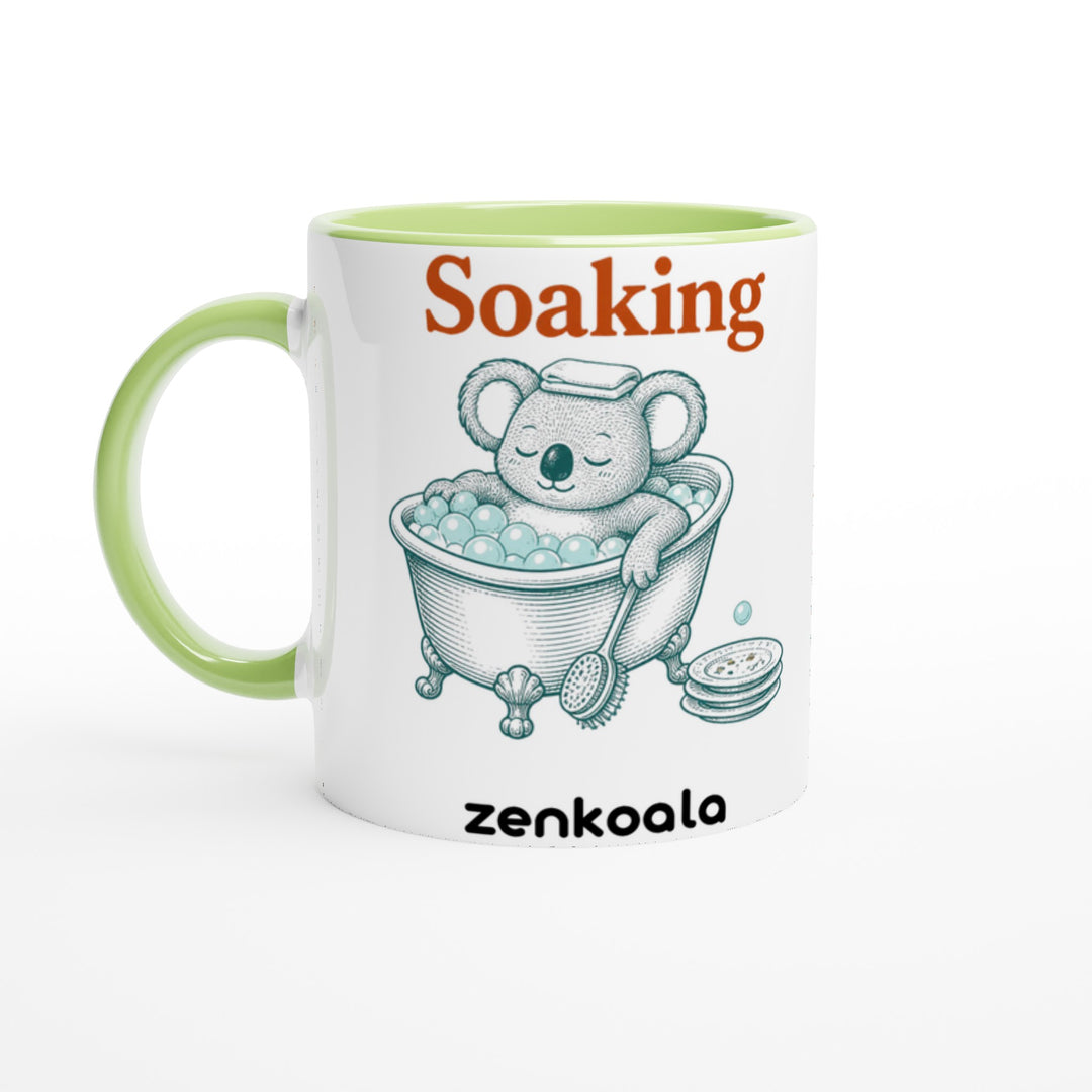 Soaking Koala Bath mug in green: white with a green rim, inside and handle, Zen Koala Australia