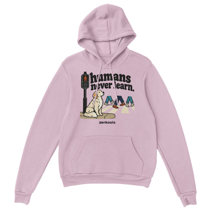 Humans Never Learn feel-good hoodie in light pink, Zen Koala Australia